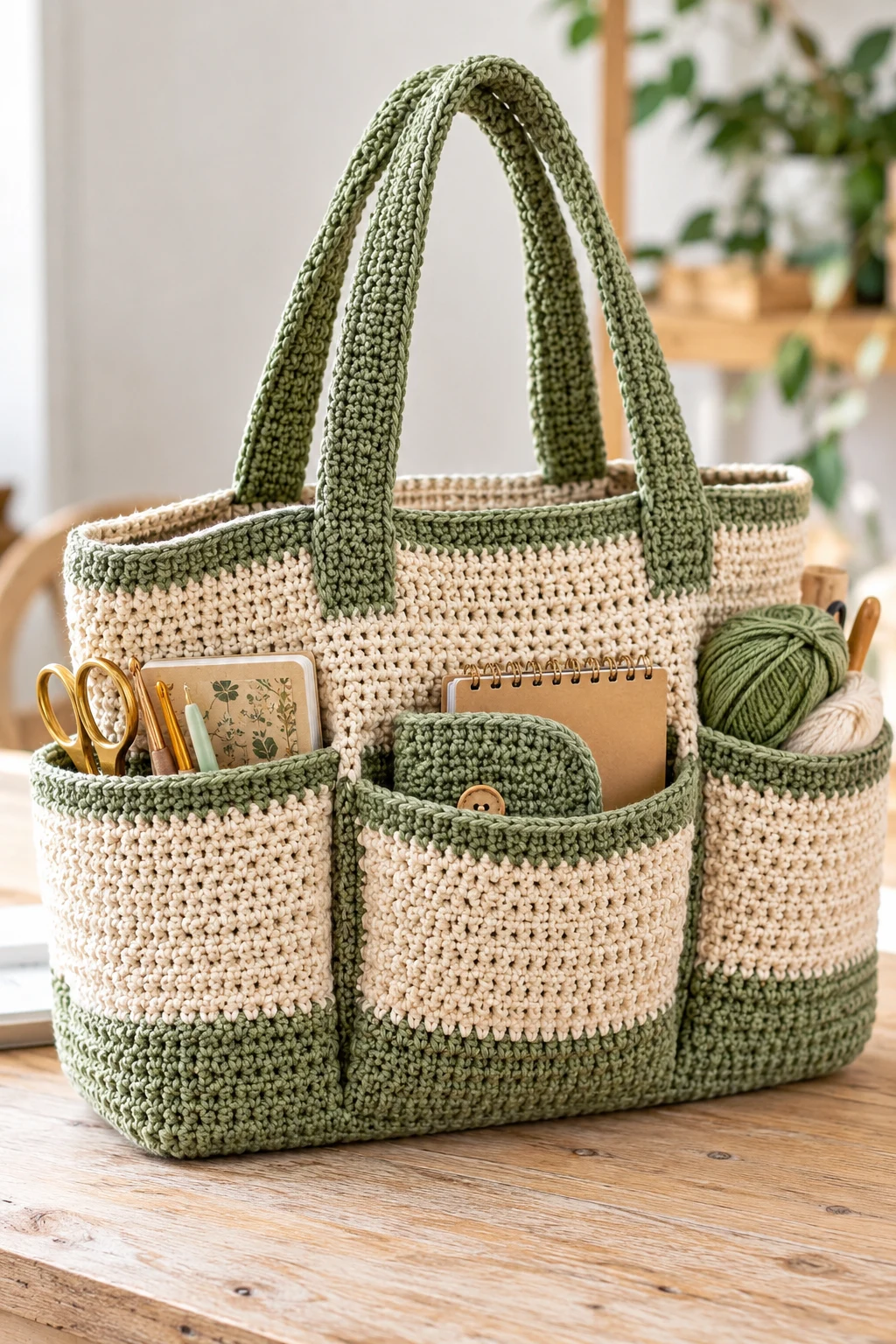 Crochet Work Tote With Multiple Pockets — crochet work bag