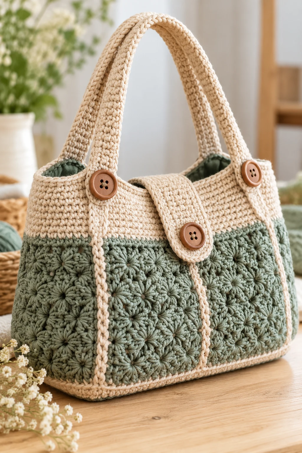 Elegant Crochet Work Bag With Button Details — crochet work bag