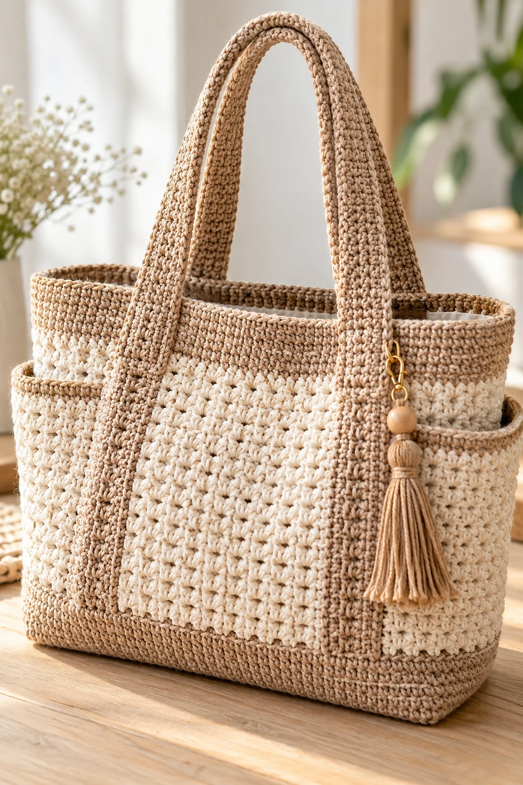 Classic Neutral Crochet Work Tote — crochet work bag