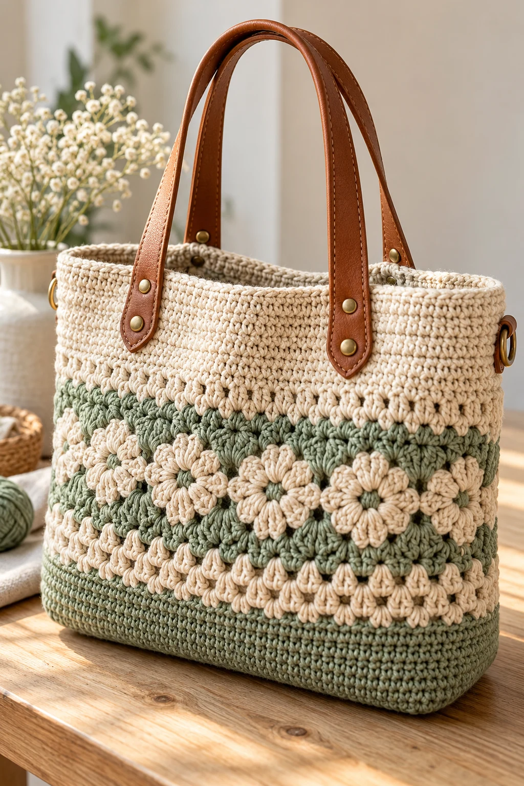 Crochet Work Bag With Leather Handles — crochet work bag