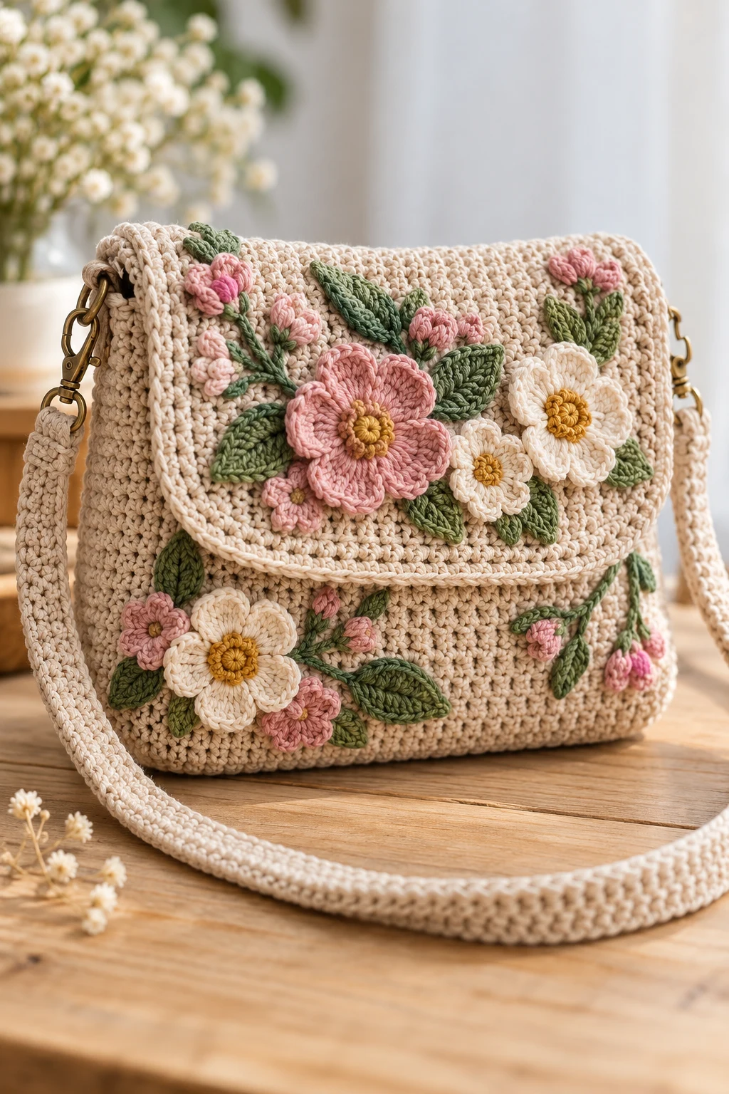 Floral Appliqué Cross Body Crochet Bag — cross body crochet bag