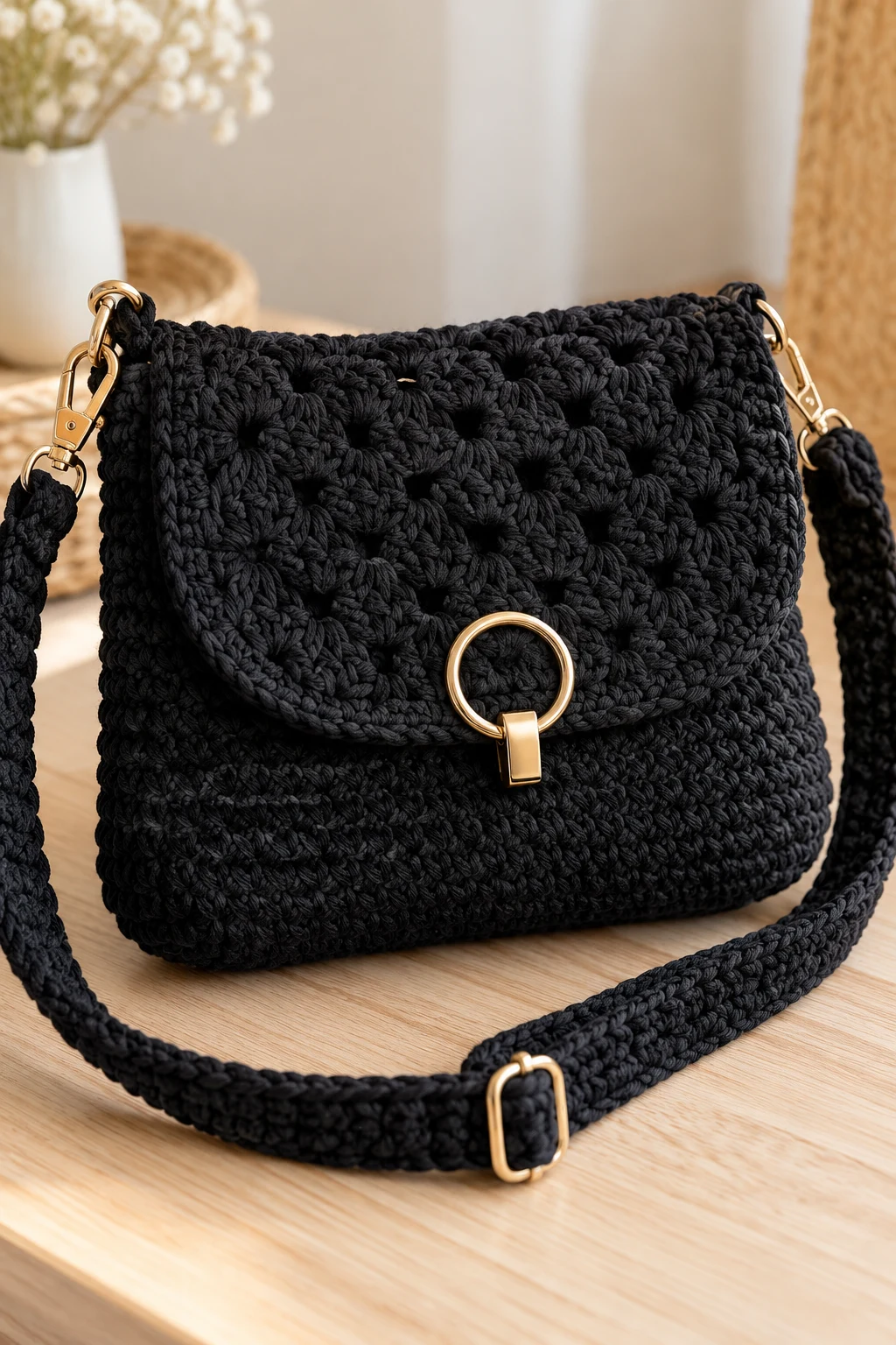 Elegant Black Cross Body Crochet Bag — cross body crochet bag