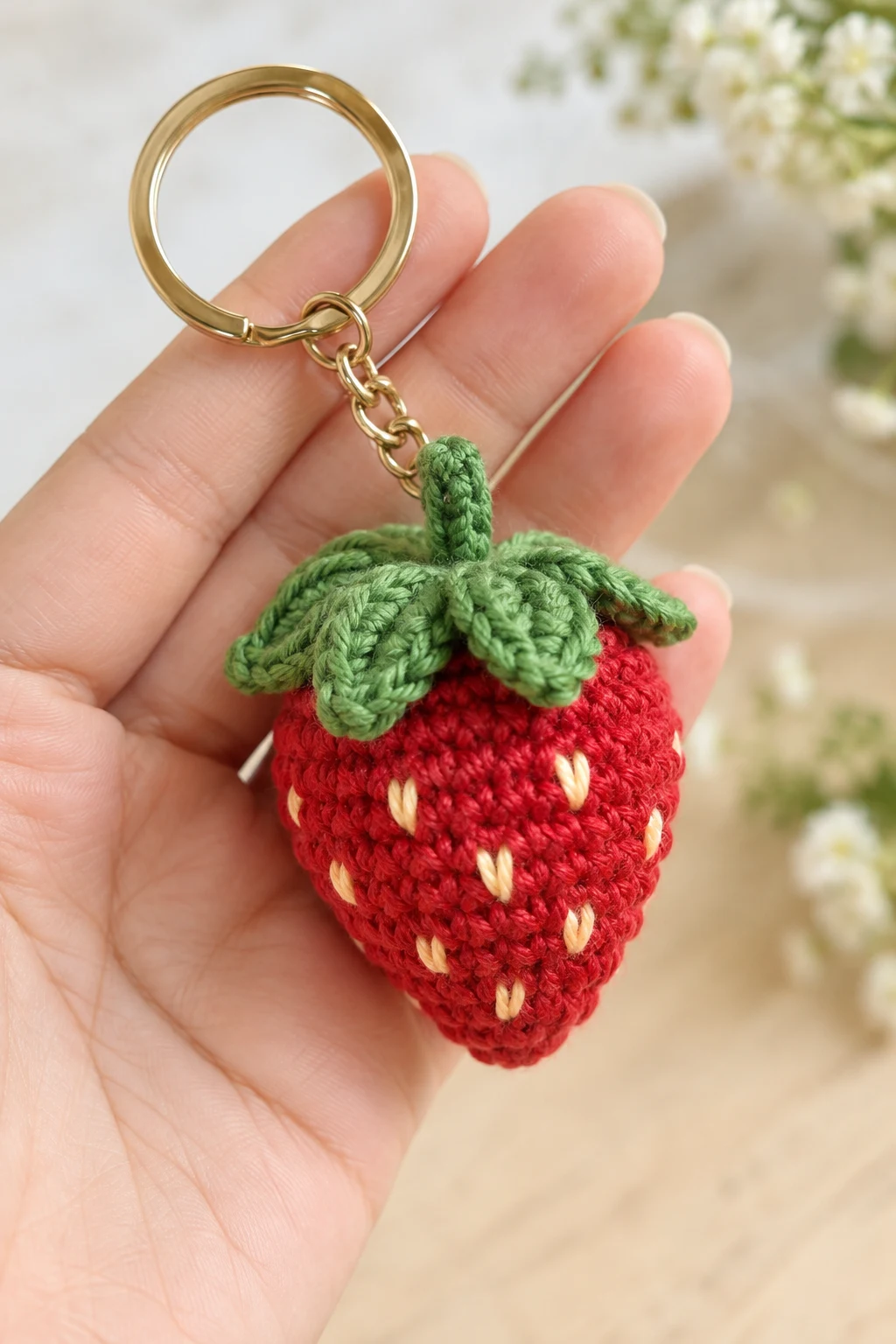 Tiny Strawberry Crochet Keychain — cute crochet ideas keychain style outfit