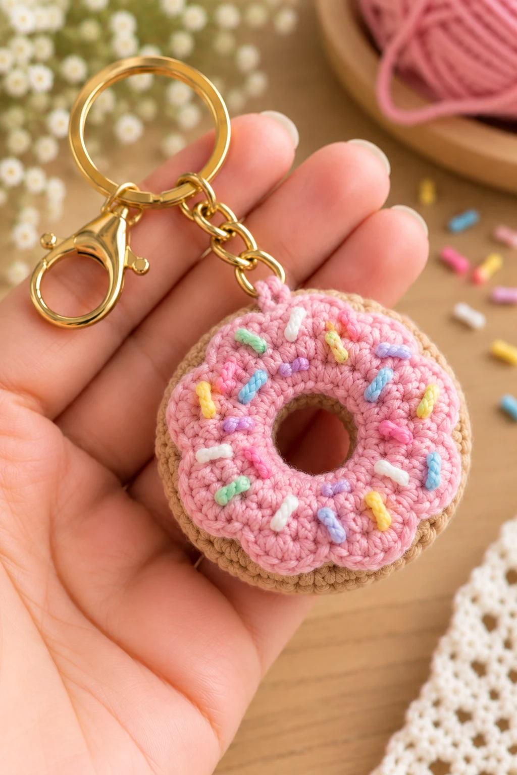 Mini Crochet Donut With Sprinkles — cute crochet ideas keychain style outfit