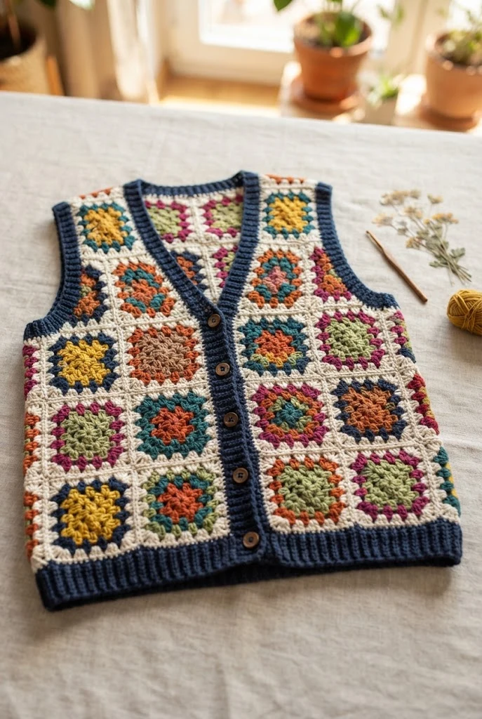 Retro Granny Square Vests — cute crochet ideas style outfit