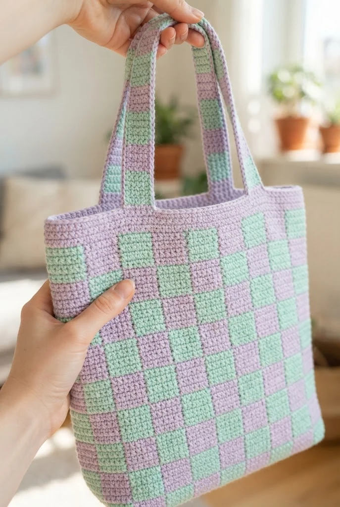 Pastel Checkered Tote Bags — cute crochet ideas style outfit