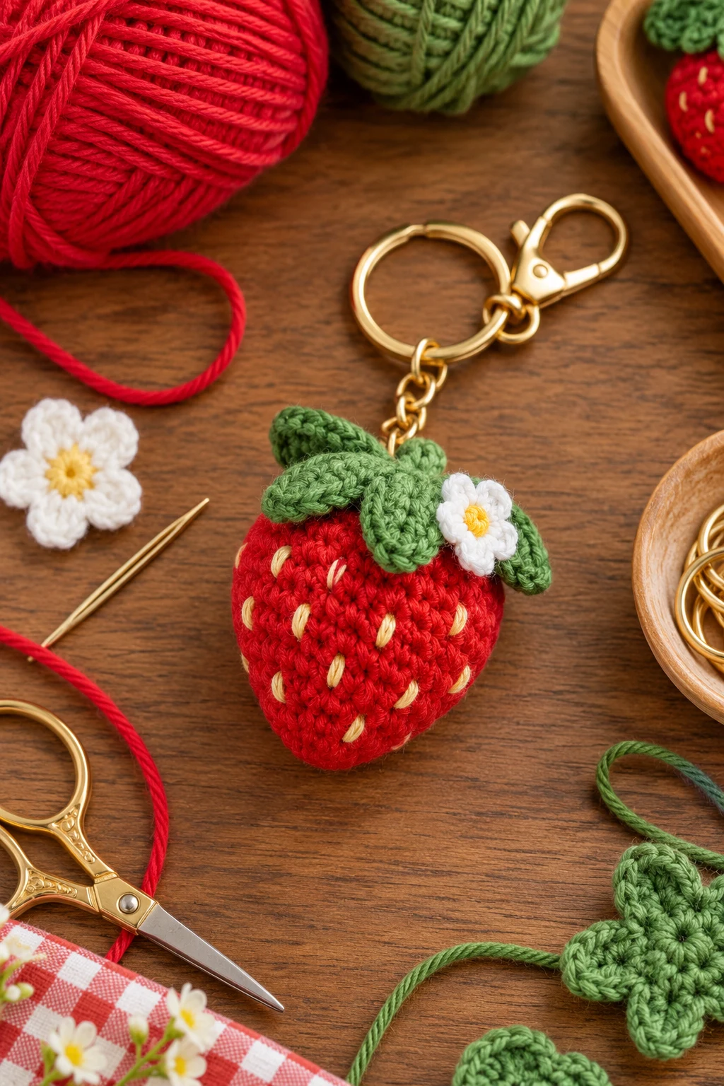 Tiny Strawberry Charm — cute crochet keychains style outfit