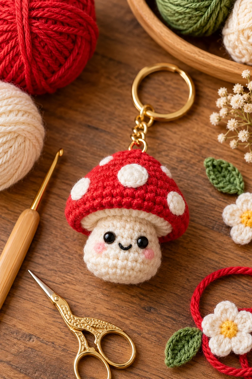 Tiny Mushroom Charm — cute crochet keychains style outfit