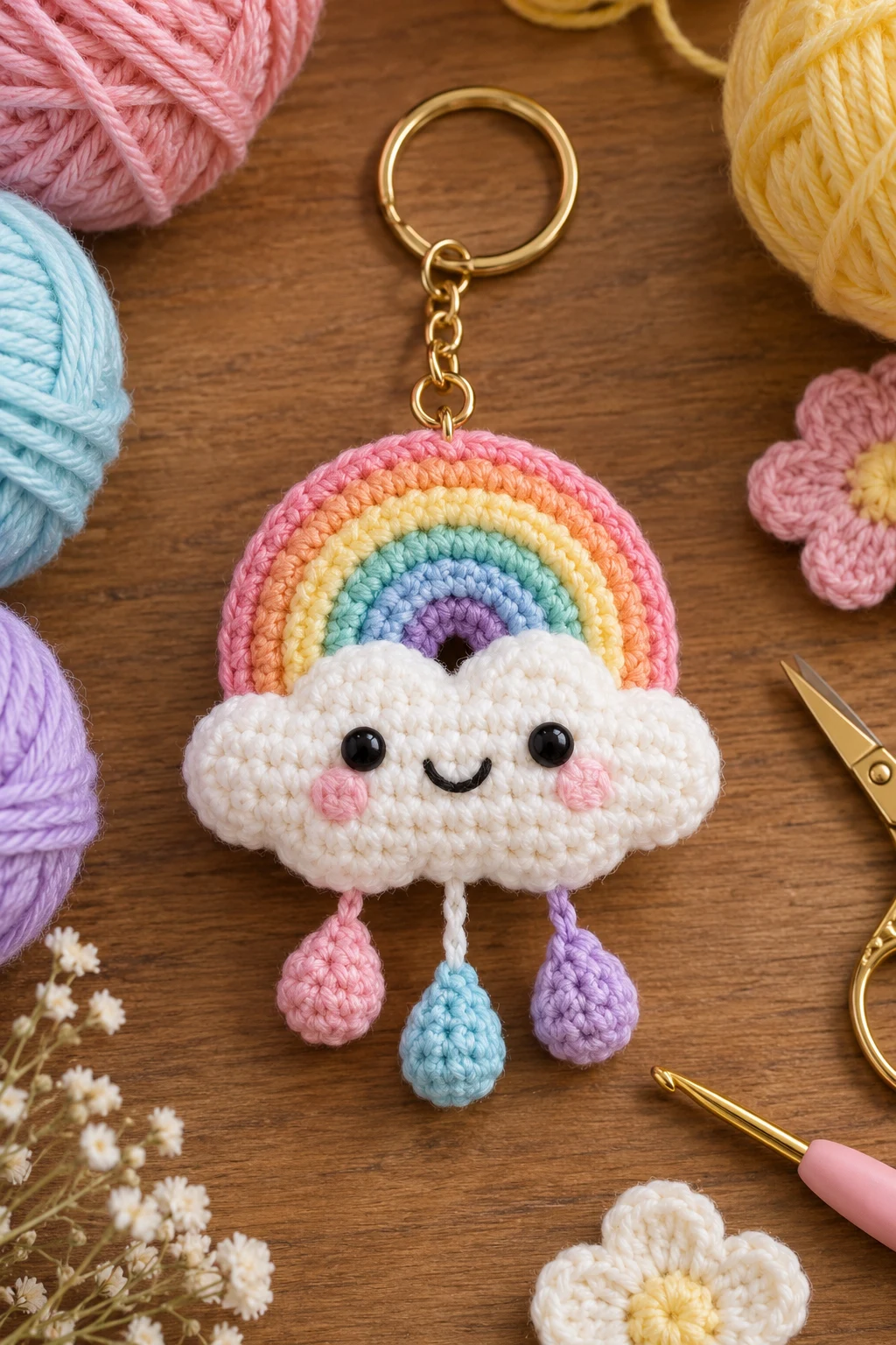 Rainbow Cloud Charm — cute crochet keychains style outfit