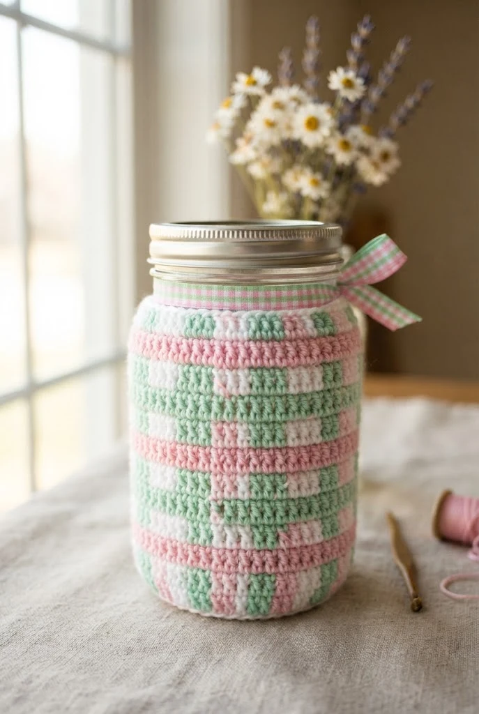 Pastel Gingham Mason Jar Covers — cute crochet