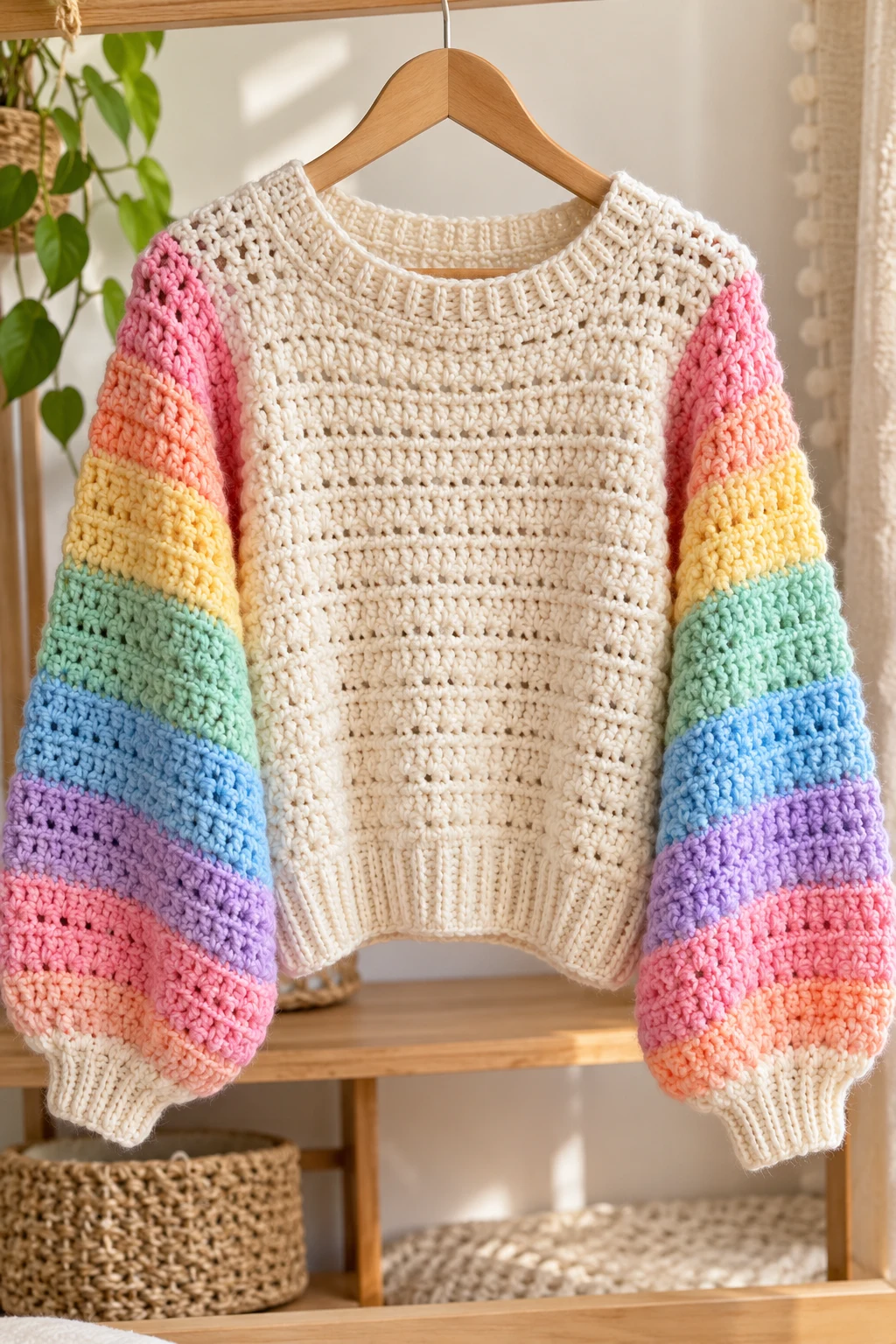 The Rainbow Sleeve Statement Sweater — cute crochet sweater