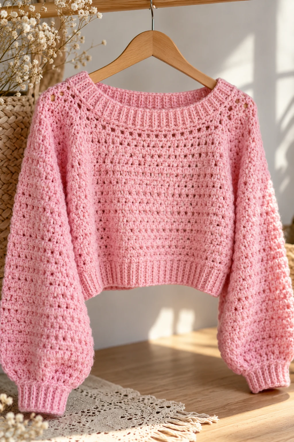 The Pastel Pink Cropped Pullover — cute crochet sweater