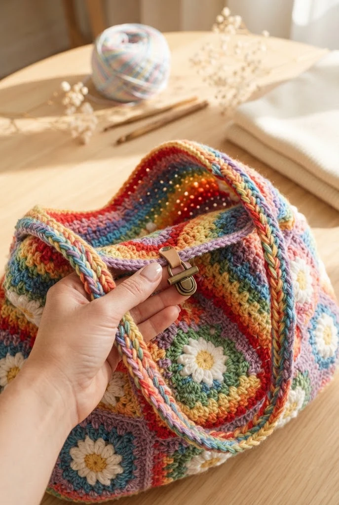 The Granny Stripe Rainbow Weekender — daisy bag crochet