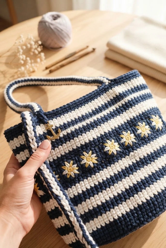 The Chic Striped Sailor Tote — daisy bag crochet