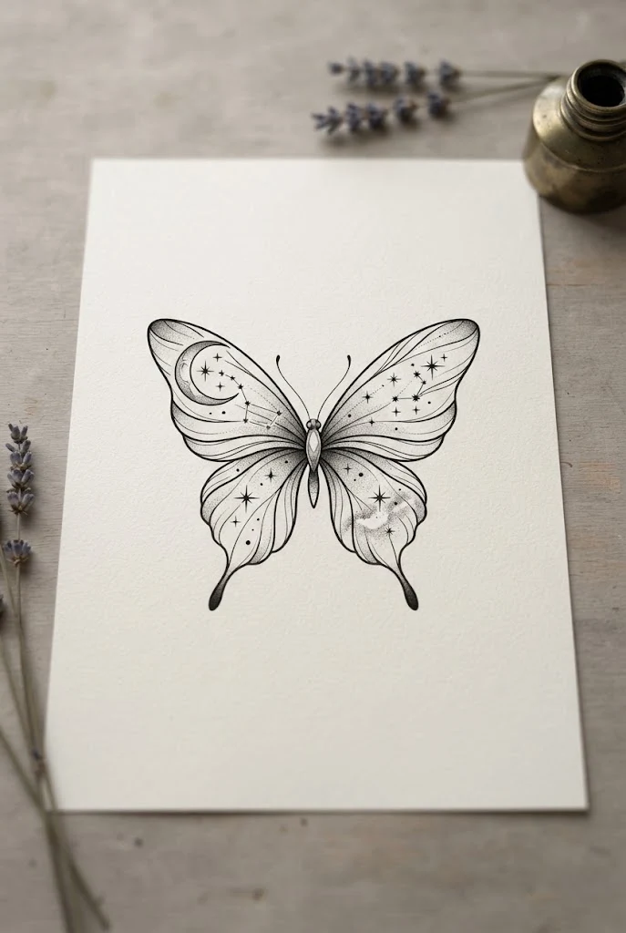 Celestial Moon and Star Constellation Accent — different butterfly tattoo style outfit