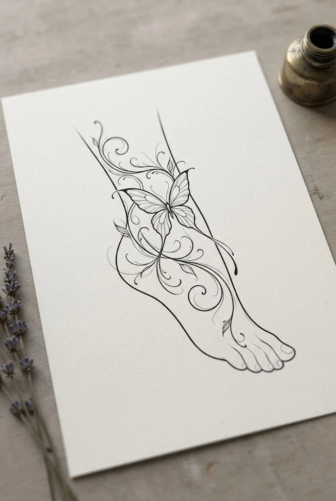 Ankle Wrap and Foot Flow Line Work — different butterfly tattoo style outfit