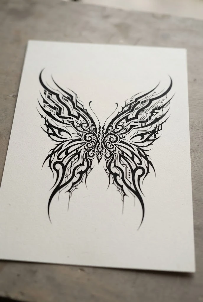 Traditional Tribal and Cyber-Sigilism Fusion — different butterfly tattoo style outfit