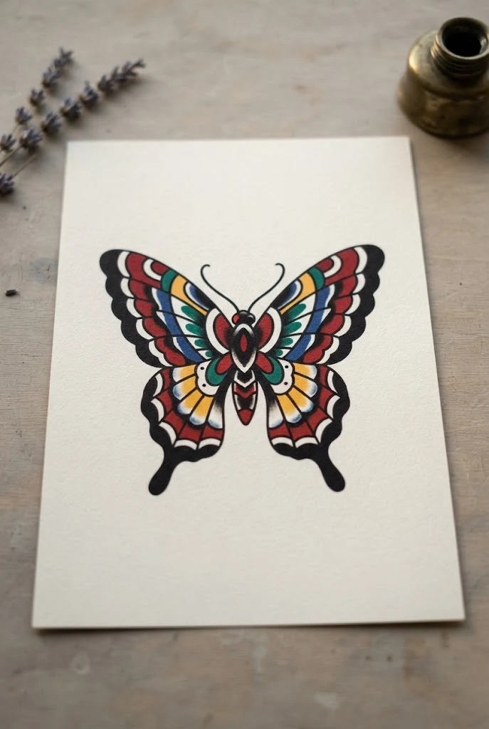 Traditional American Old-School Bold — different butterfly tattoo style outfit