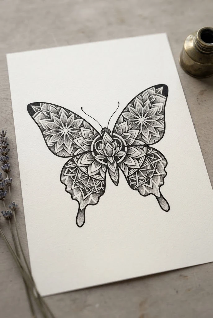 Geometric Sacred Mandala Motifs — different butterfly tattoo style outfit