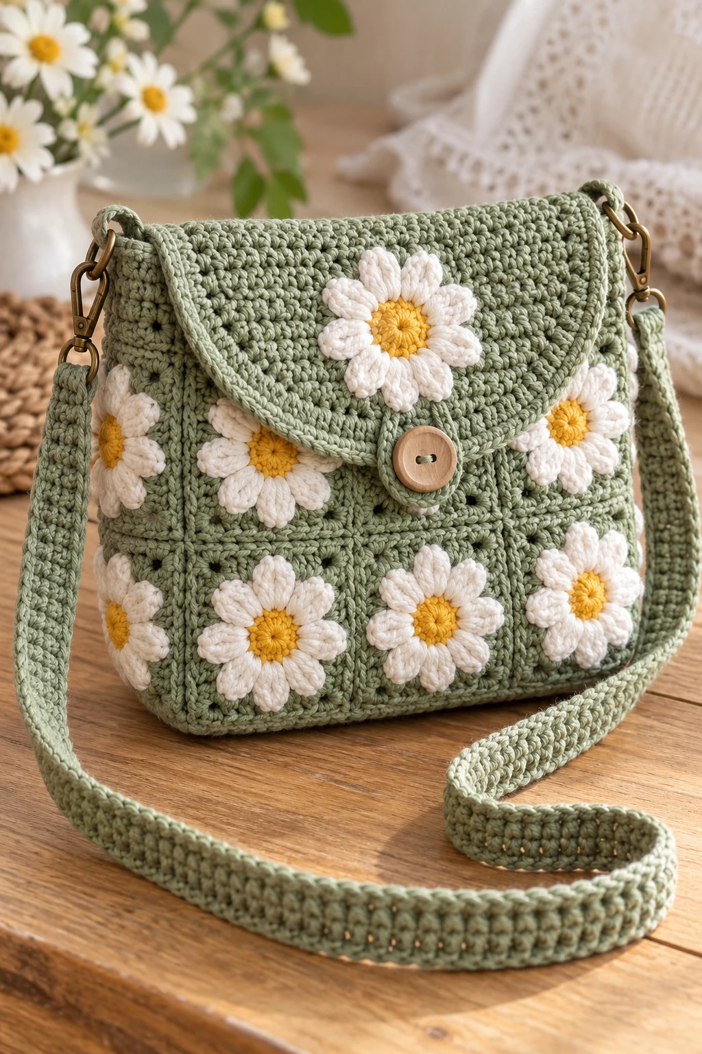 Romantic Daisy Crochet Crossbody Bag — diy crochet bag tutorial style outfit