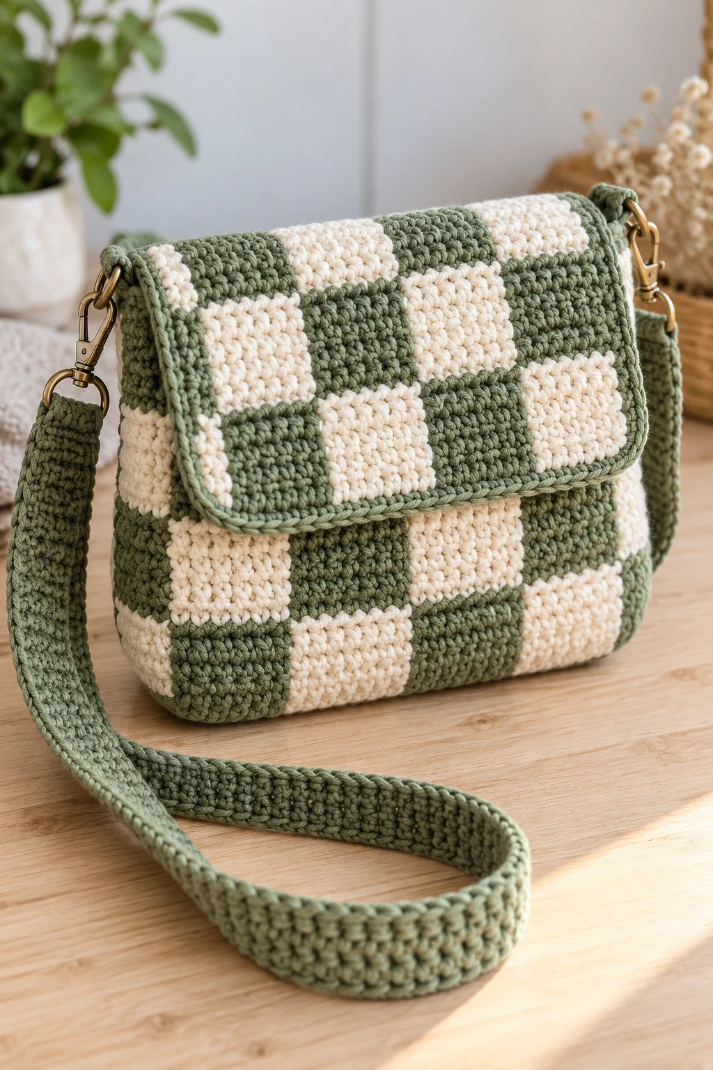 Trendy Checkerboard Crochet Crossbody Bag — diy crochet bag tutorial style outfit