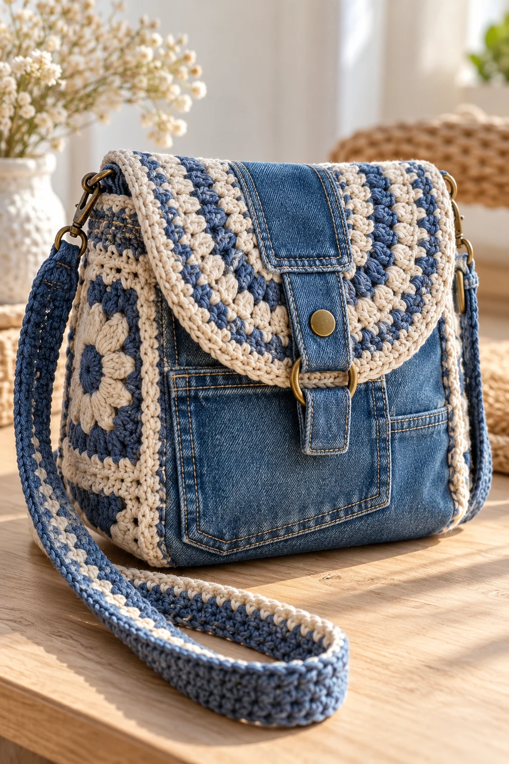 Recycled Denim and Crochet Crossbody Bag — diy crochet bag tutorial style outfit