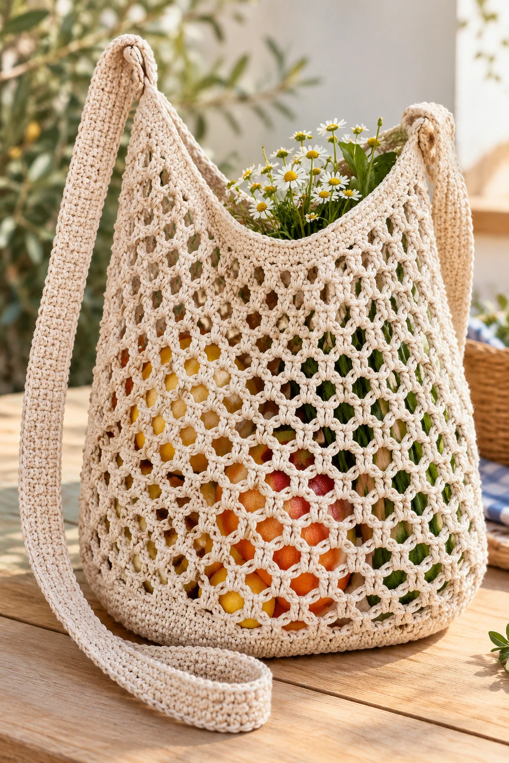 Lightweight Crochet Mesh Crossbody Market Bag — diy crochet bag tutorial style outfit