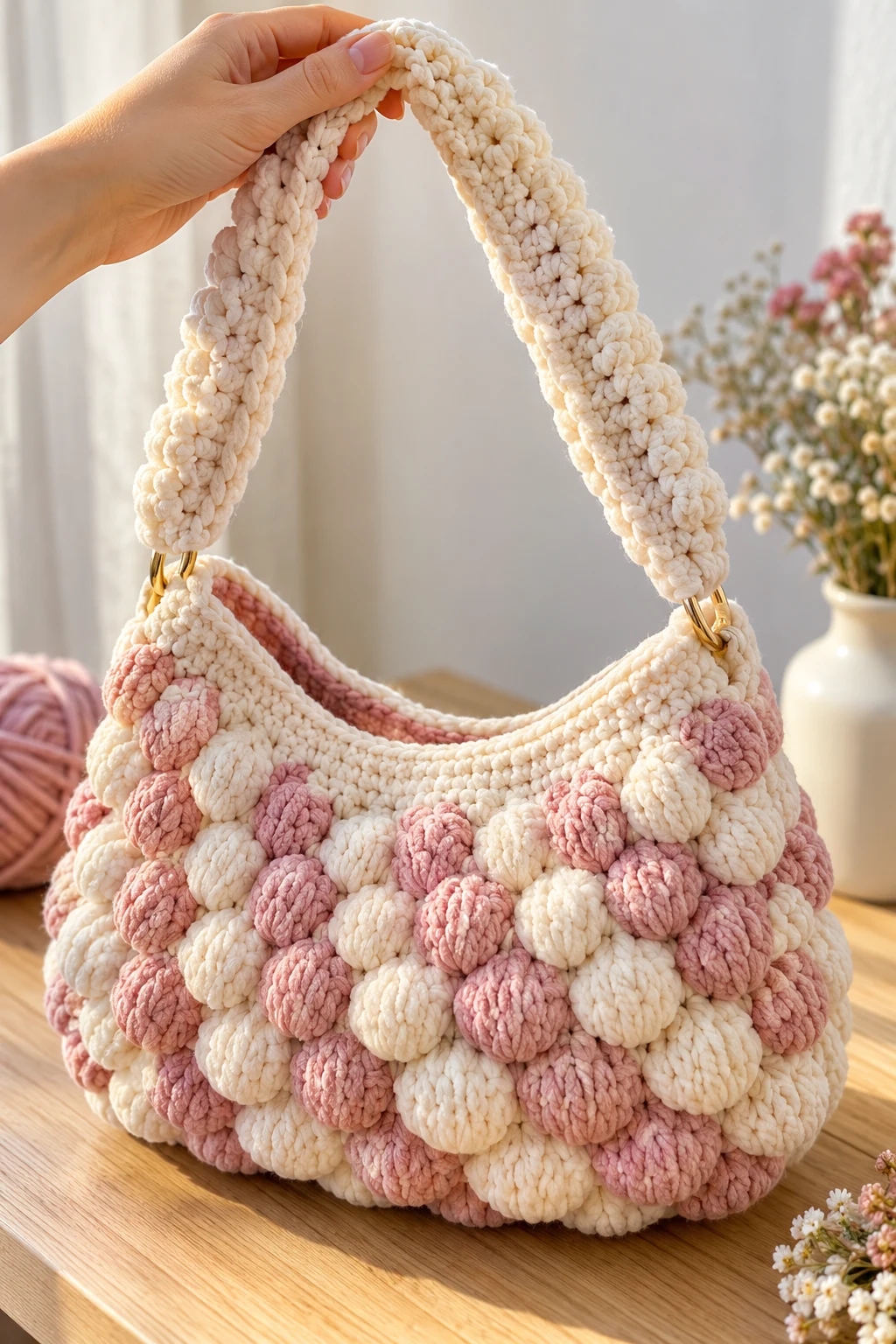 Puffy Crochet Shoulder Bag With Soft Texture — diy crochet bag tutorial style outfit