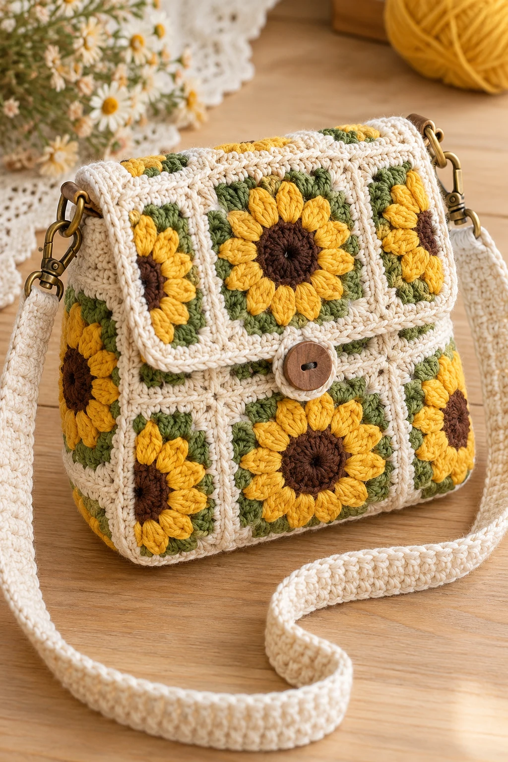 Sunflower Granny Square Crossbody Bag — diy crochet bag tutorial style outfit