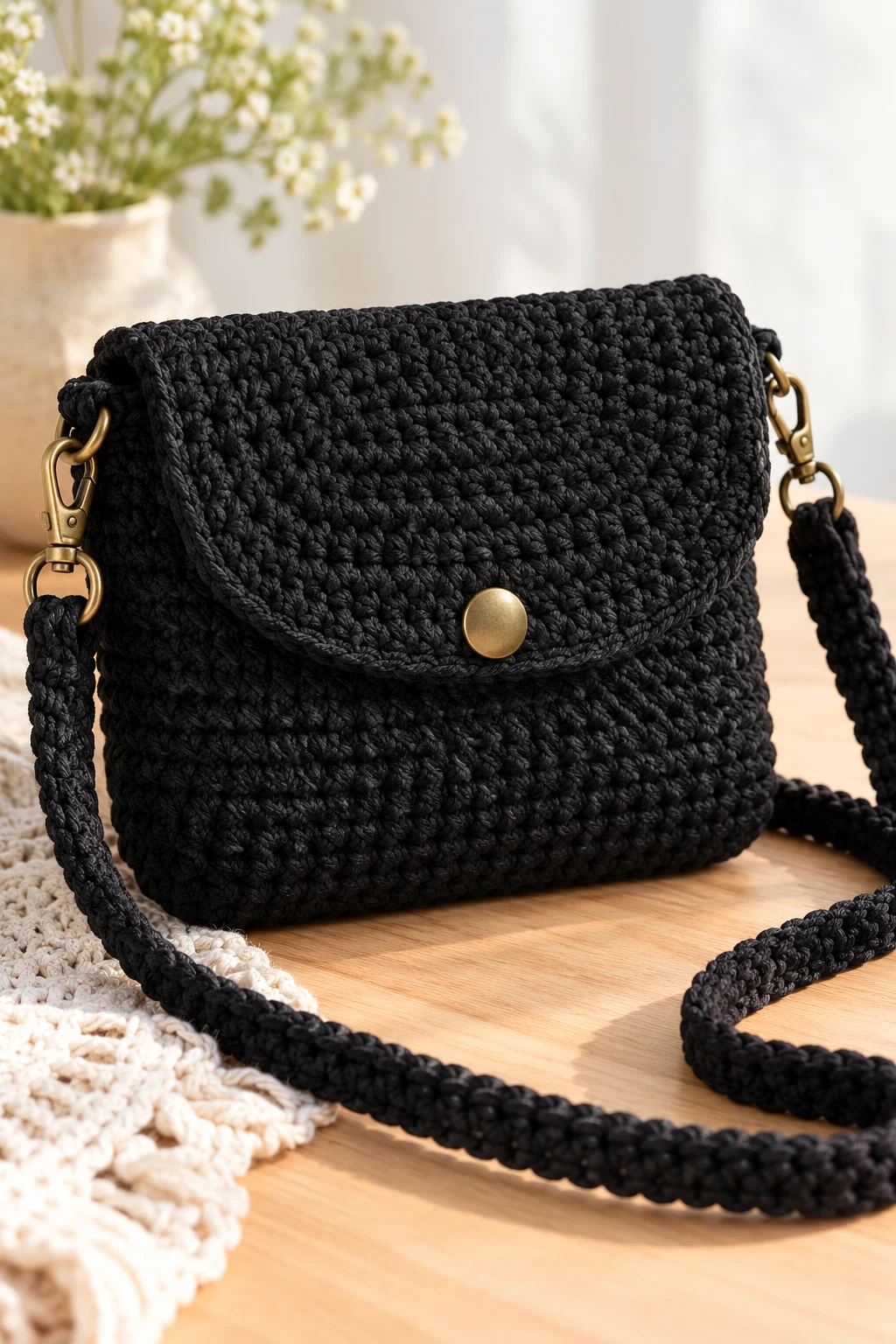 Minimalist Black Crochet Crossbody Purse — diy crochet bag tutorial style outfit