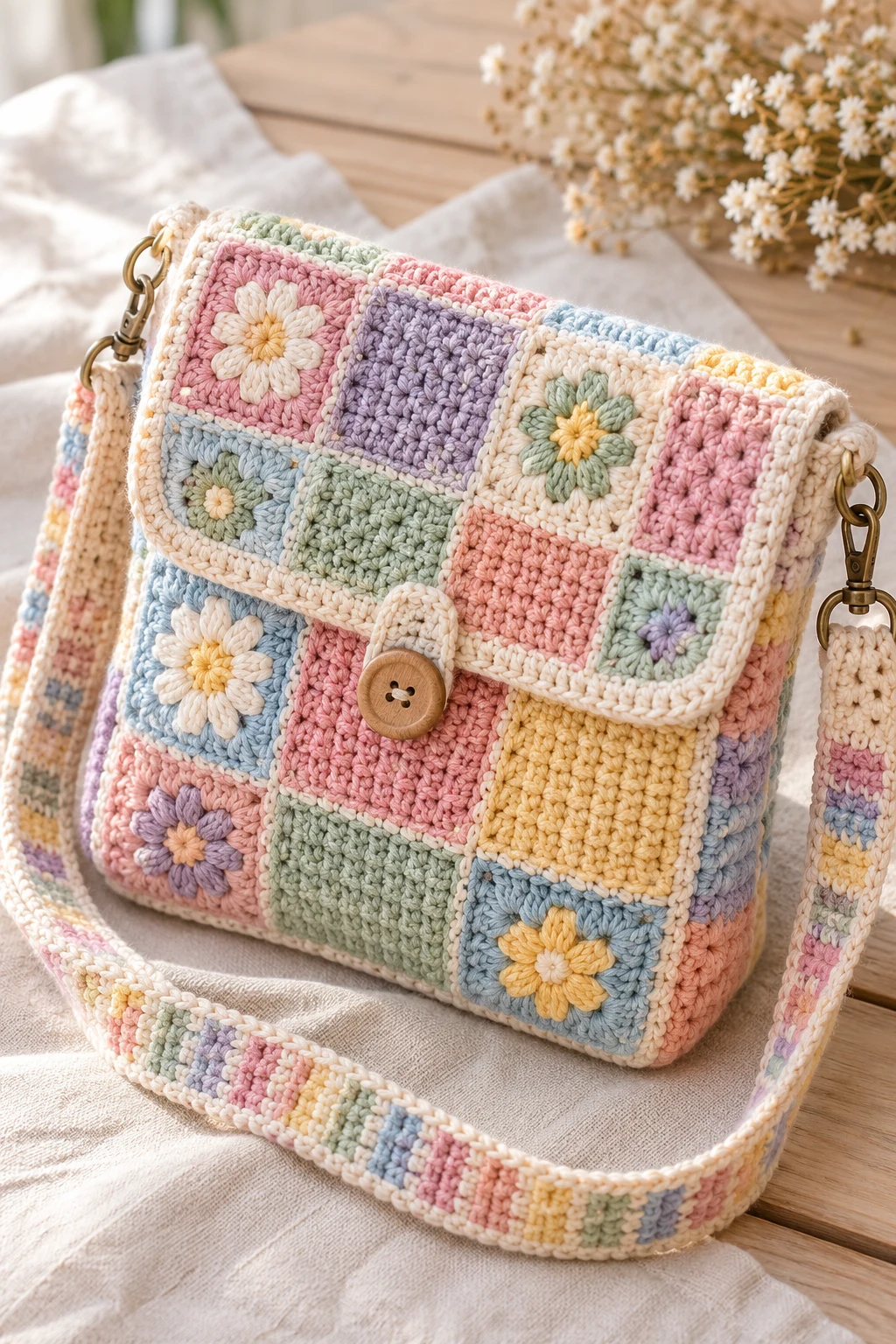 Pastel Patchwork Crochet Crossbody Bag — diy crochet bag tutorial style outfit