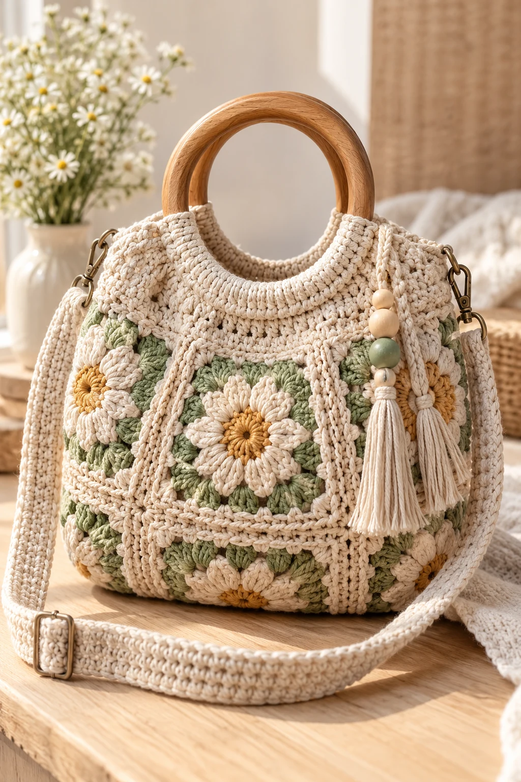 Elegant Crochet Crossbody Bag With Wooden Handles — diy crochet bag tutorial style outfit