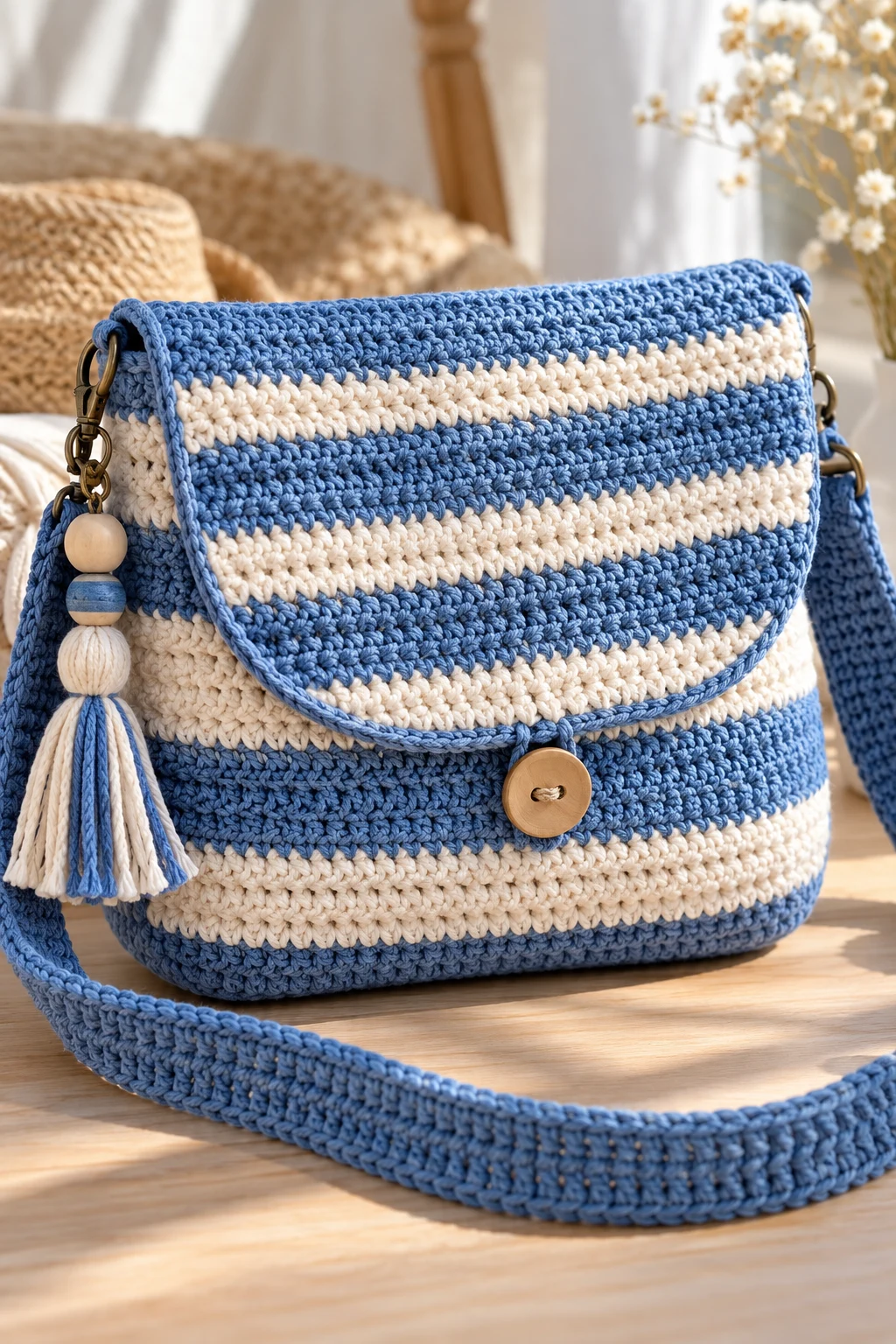 Coastal Blue and White Striped Crossbody Bag — diy crochet bag tutorial style outfit