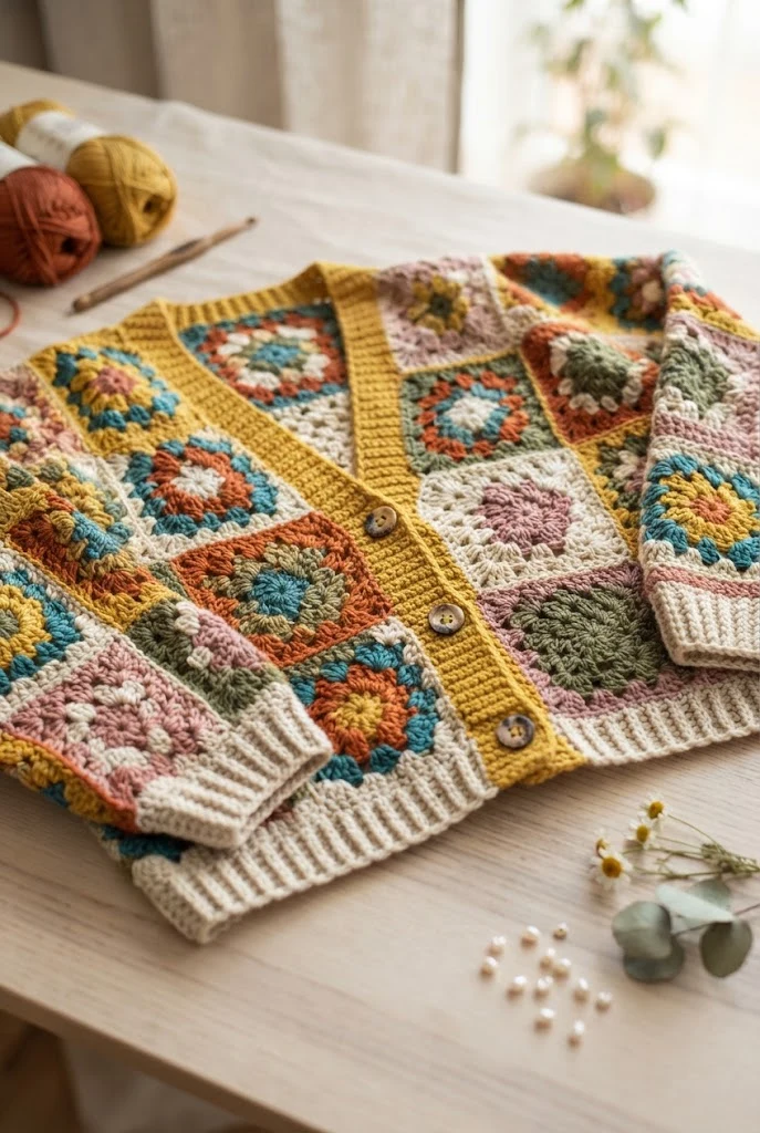 Retro Granny Square Cardigan — diy crochet projects style outfit