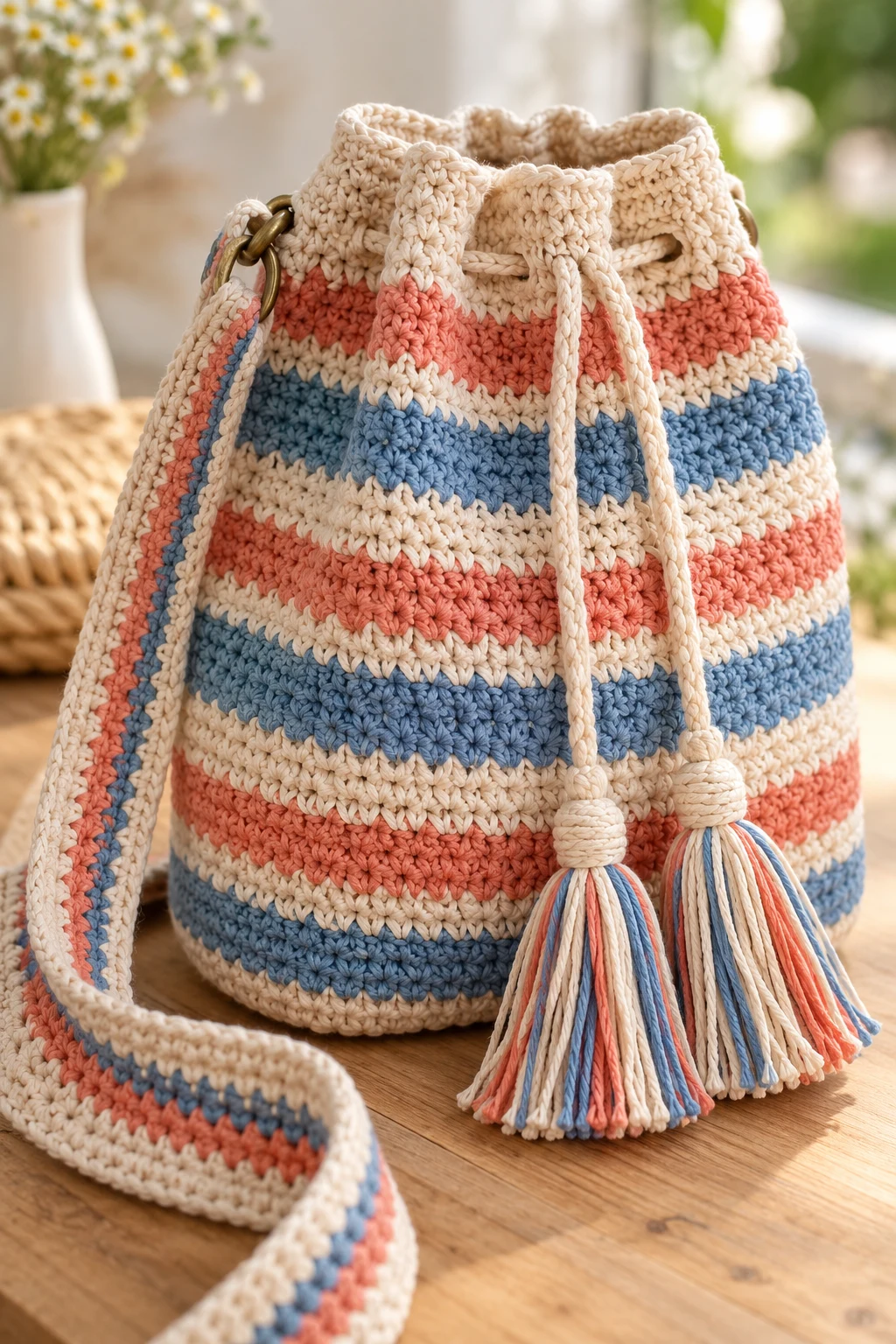 Striped Summer Drawstring Crochet Bag — drawstring crochet bag