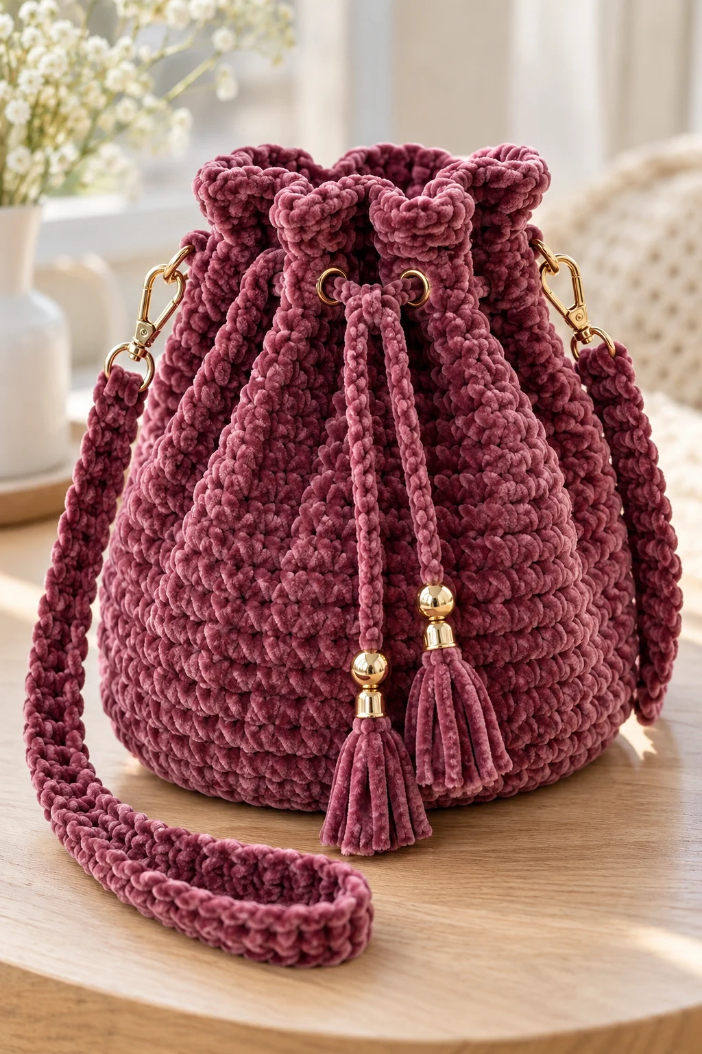 Elegant Velvet Drawstring Crochet Bag — drawstring crochet bag