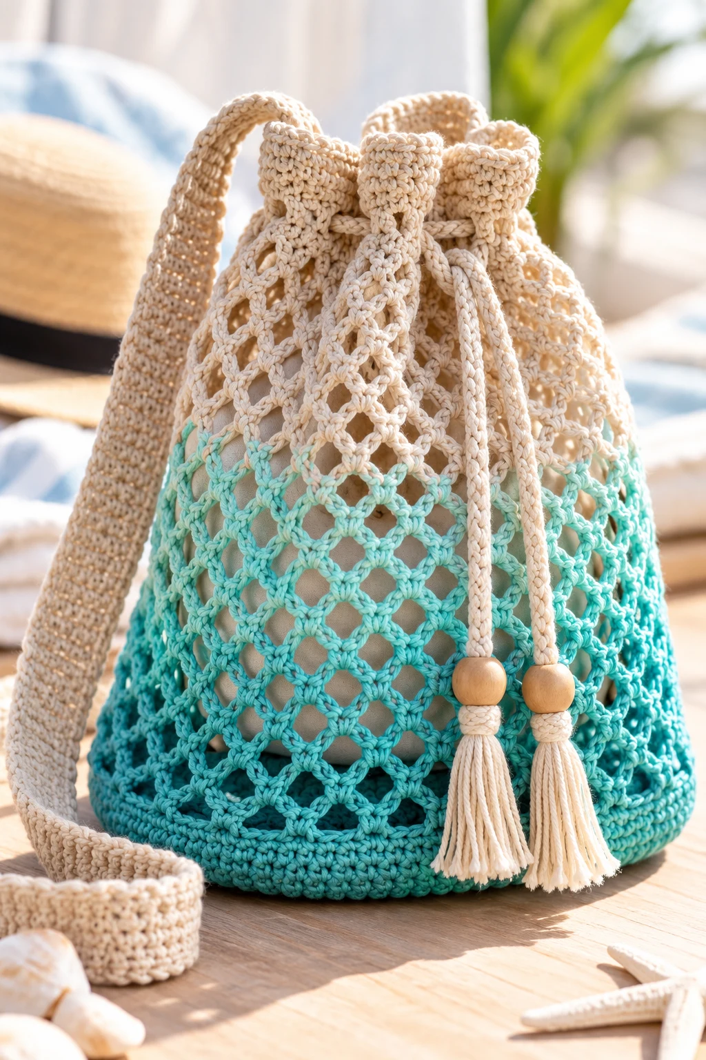 Mesh Drawstring Crochet Beach Bag — drawstring crochet bag