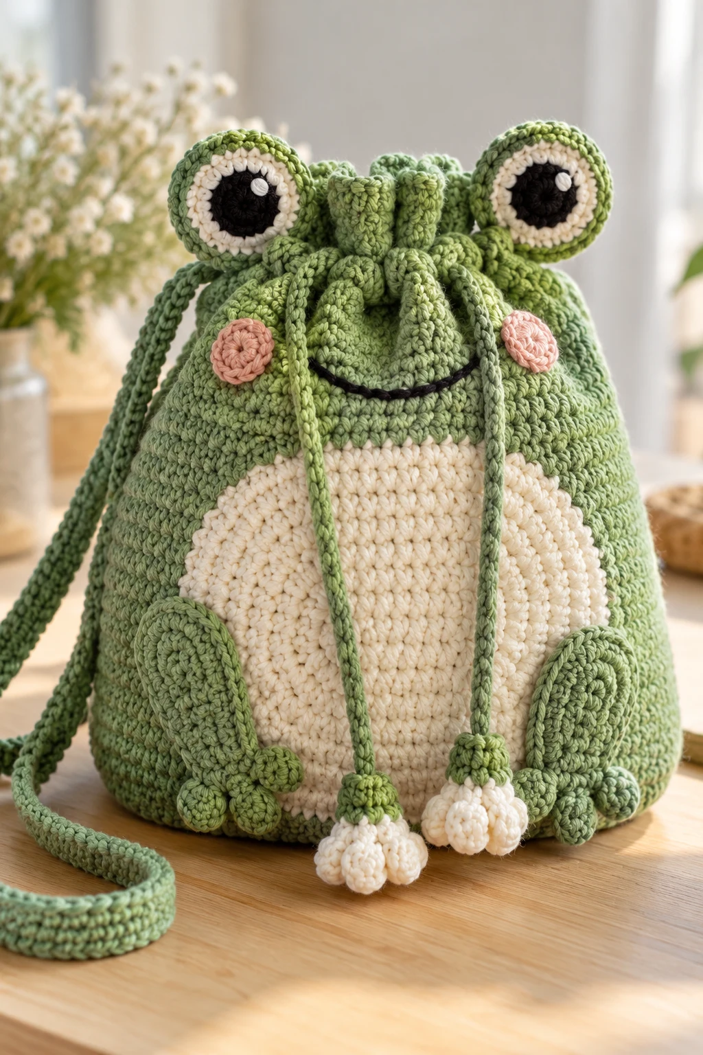 Frog-Themed Crochet Drawstring Bag — drawstring crochet bag