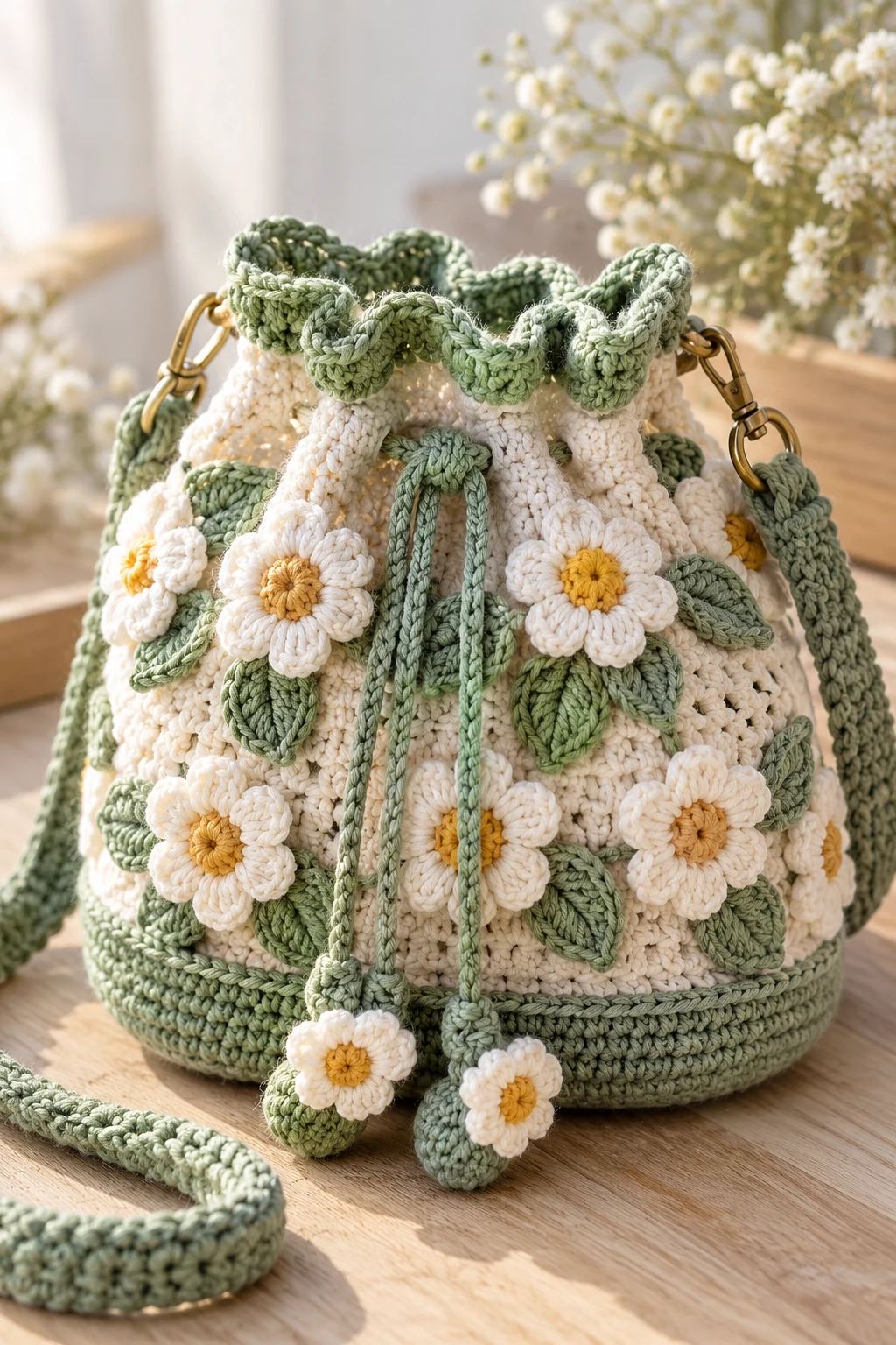 Drawstring Crochet Bag With Flower Appliqués — drawstring crochet bag