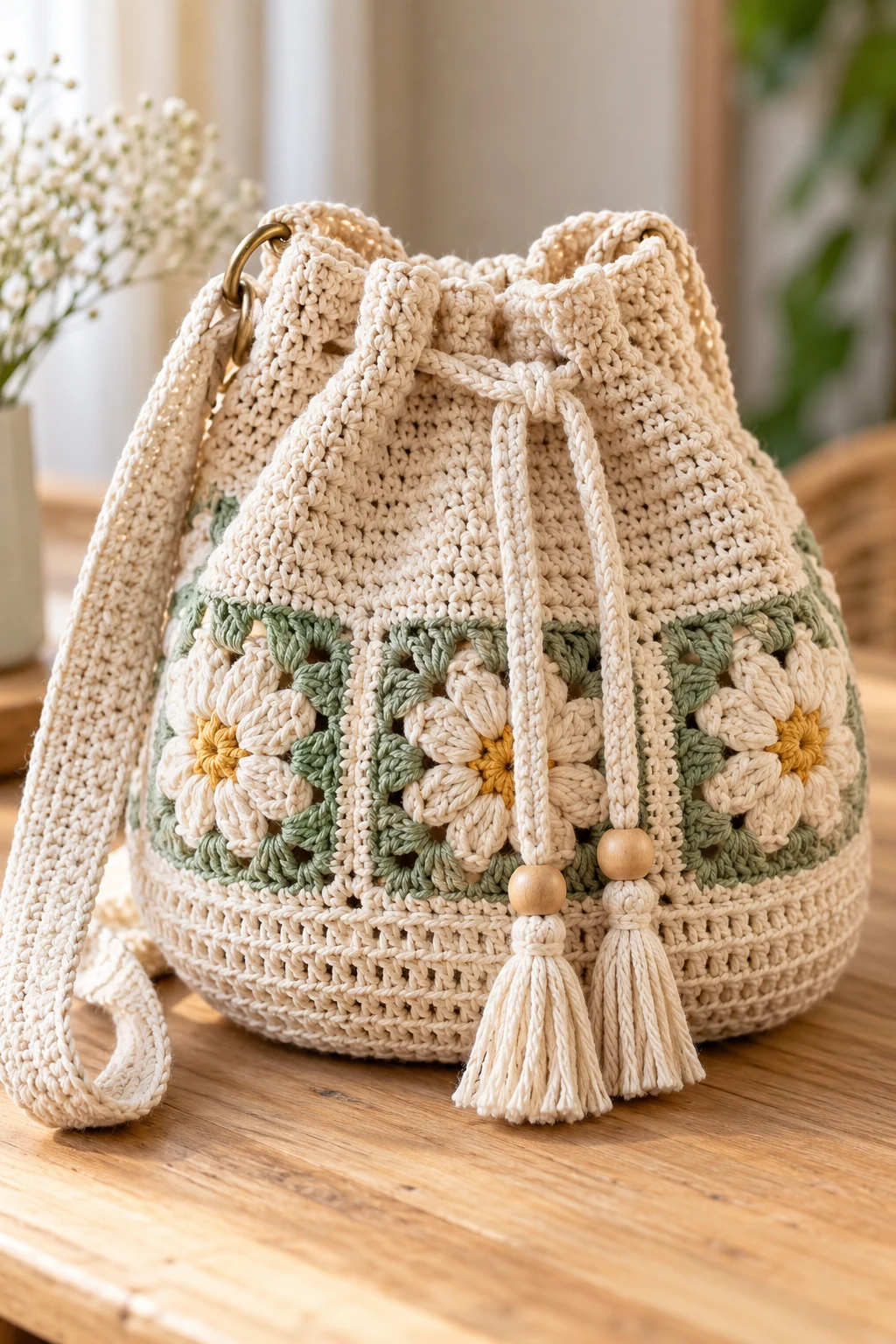 Classic Cotton Drawstring Crochet Bag — drawstring crochet bag