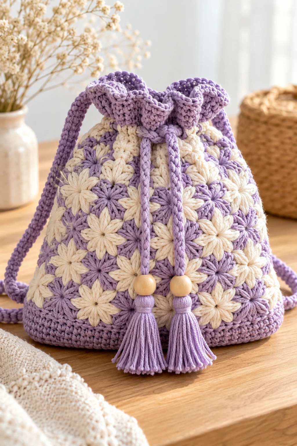 Star Stitch Drawstring Crochet Bag — drawstring crochet bag