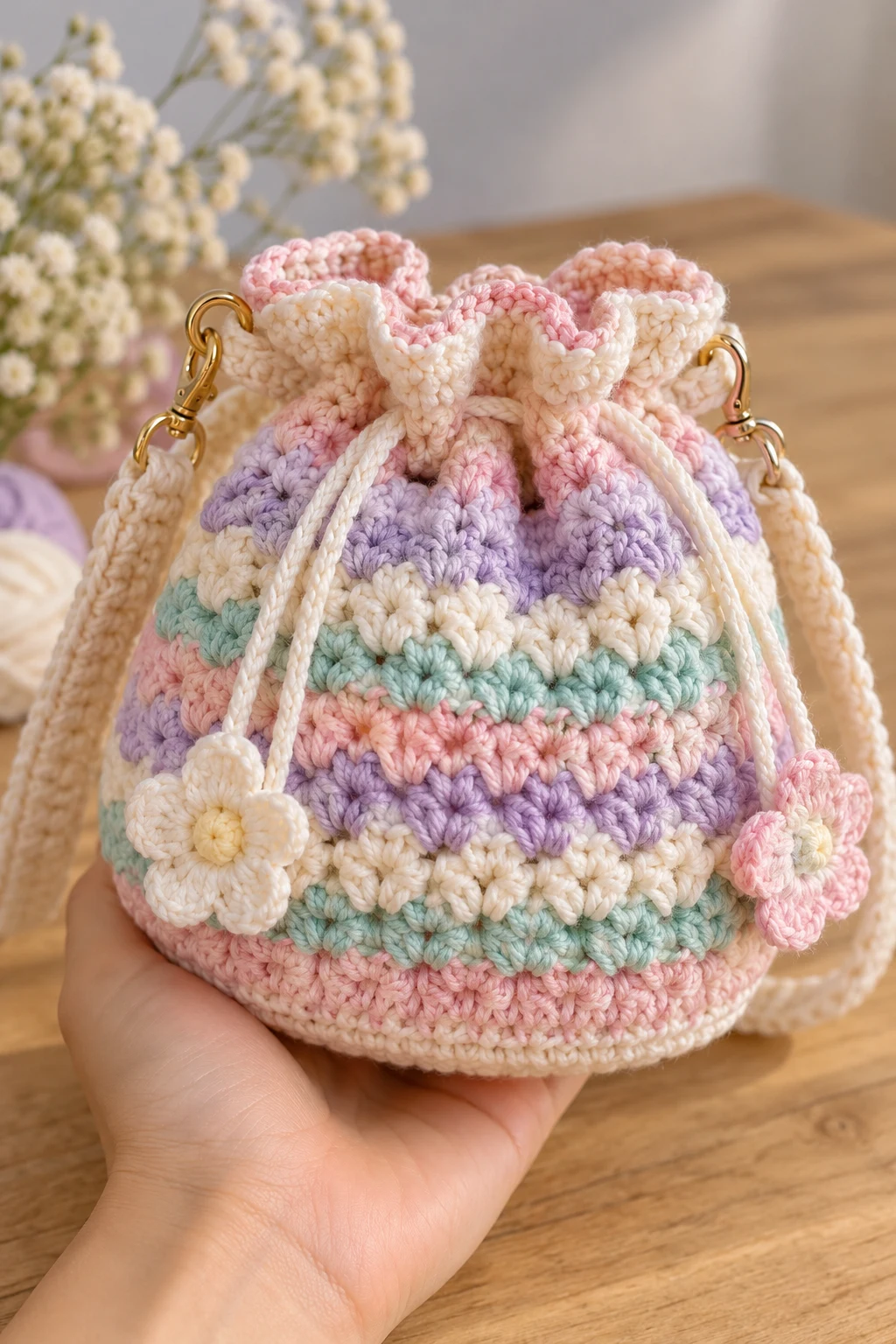 Pastel Mini Crochet Drawstring Bag — drawstring crochet bag
