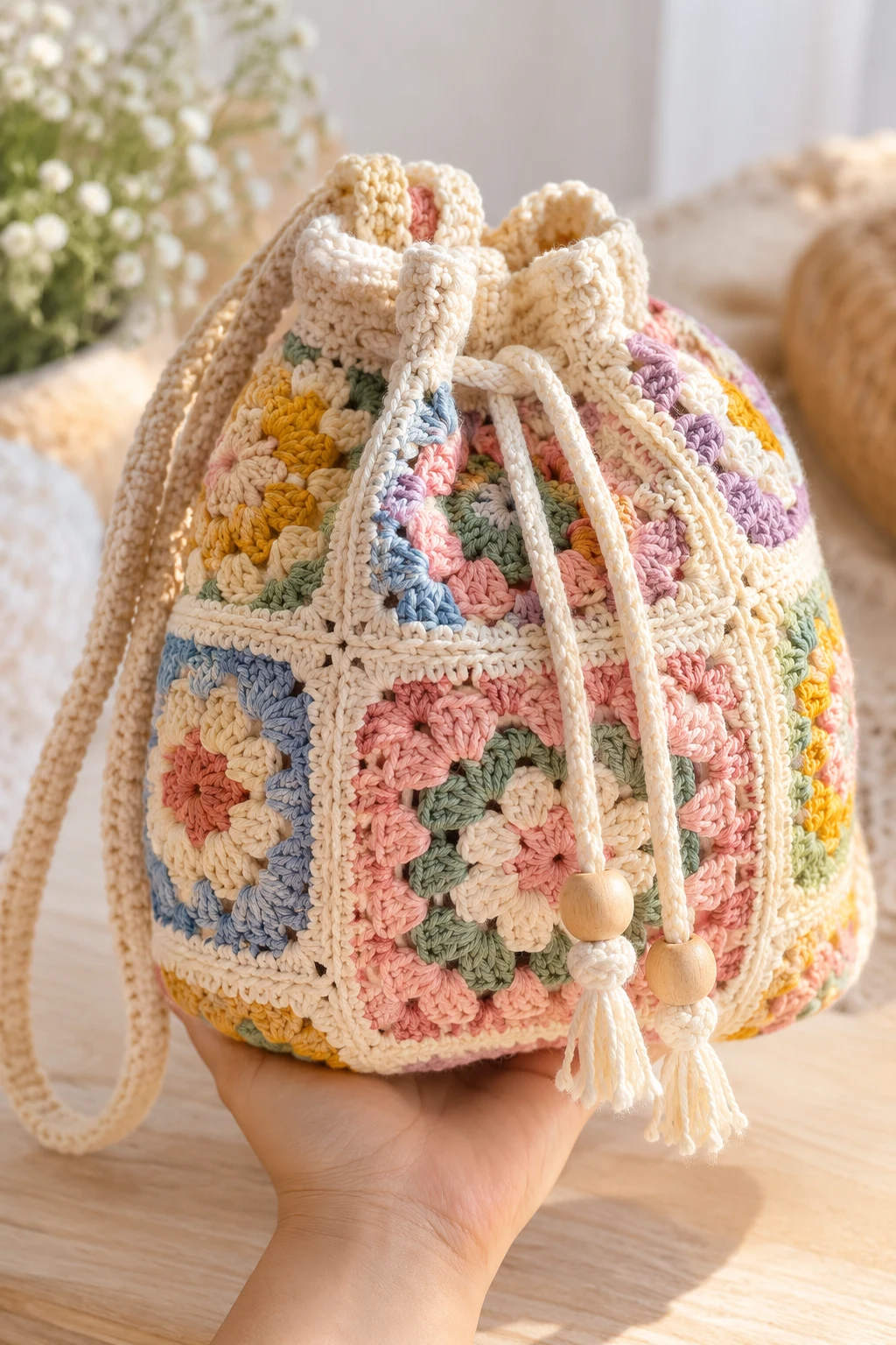 Granny Square Drawstring Crochet Bag — drawstring crochet bag
