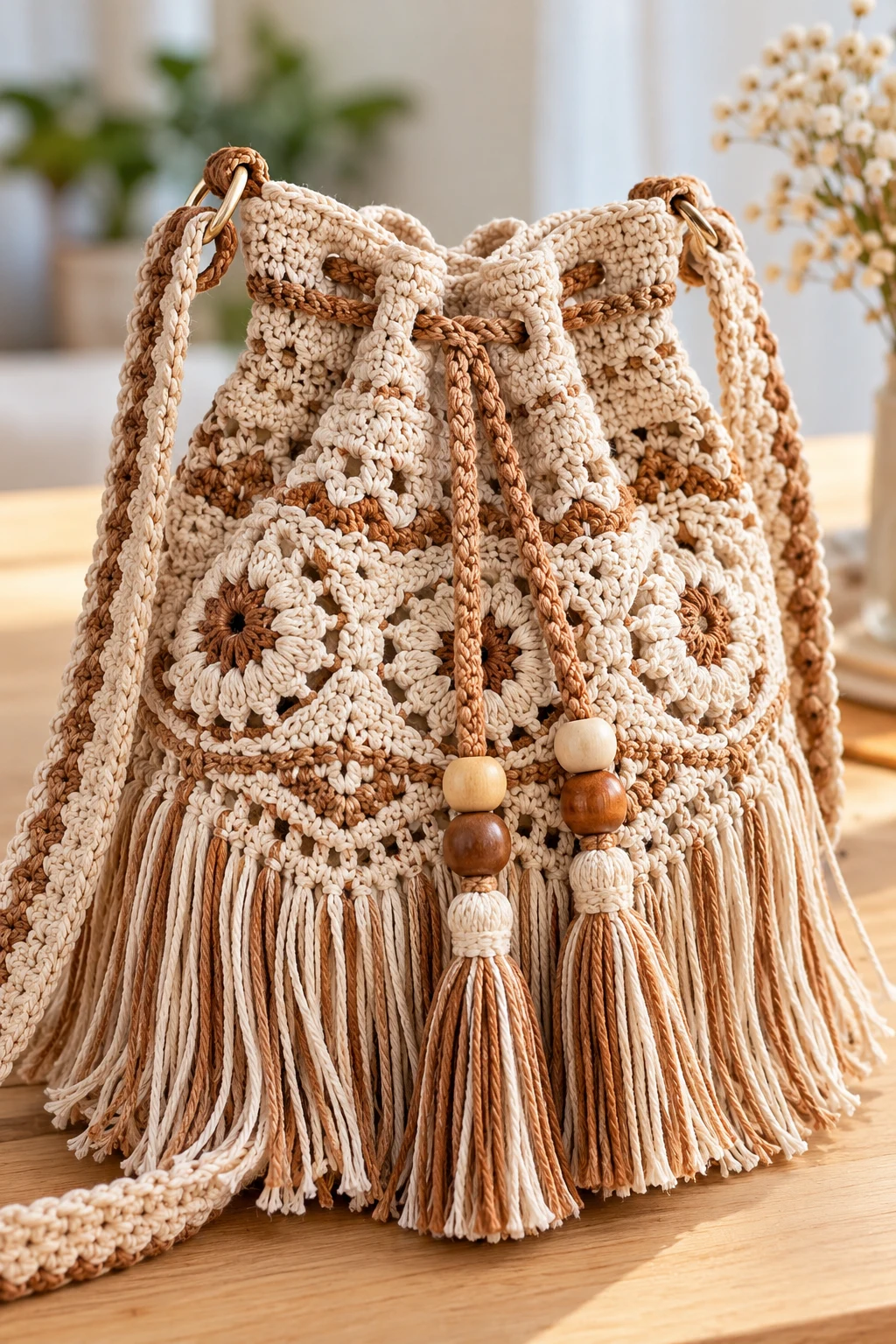 Boho Fringe Drawstring Crochet Bag — drawstring crochet bag