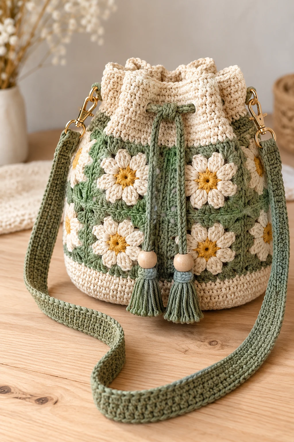 Drawstring Crochet Bag With Strap — drawstring crochet bag