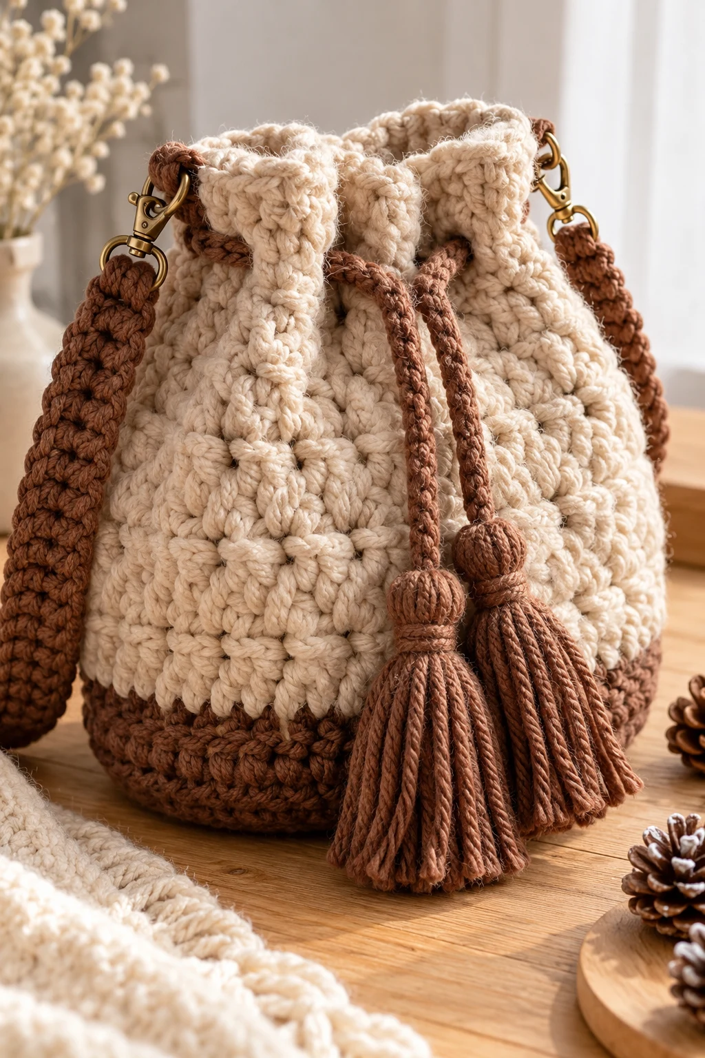 Chunky Winter Drawstring Crochet Bag — drawstring crochet bag