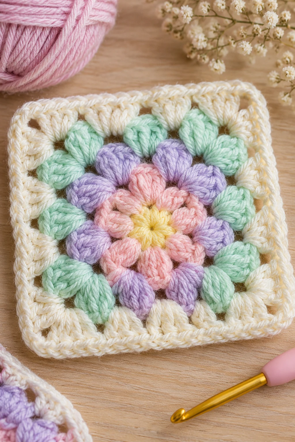The Pastel Puff Stitch Granny Square — easy granny square crochet pattern