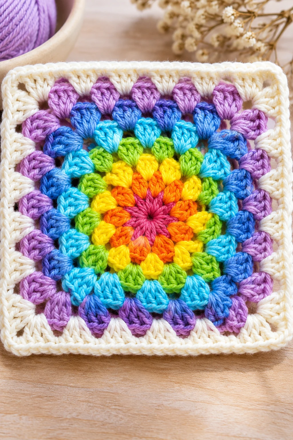 The Rainbow Burst Granny Square — easy granny square crochet pattern