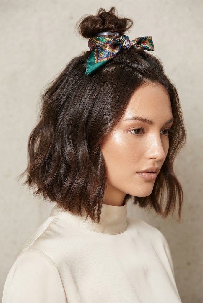 The Scarf-Wrapped Half-Up Knot — easy short hairstyles style outfit