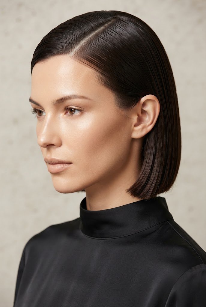 The Deep-Parted Wet-Look Bob — easy short hairstyles style outfit